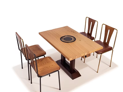 Wooden Dining Table Set With Circular Black Center And Four Chairs With Metal Legs 3d model