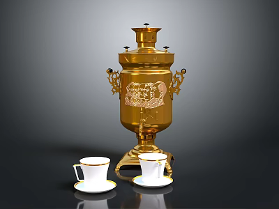 Golden Decorative Samovar With Engraved Pattern And White Tea Cups On Saucers 3d model