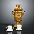 Golden Decorative Samovar With Engraved Pattern And White Tea Cups On Saucers