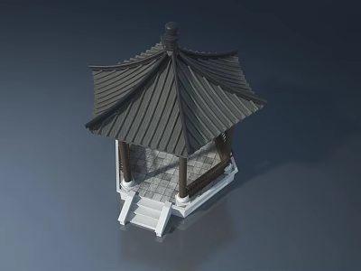 Chinese Style Pavilion Swing Open Door With Black Tile Roof White Pillars And Steps 3d model
