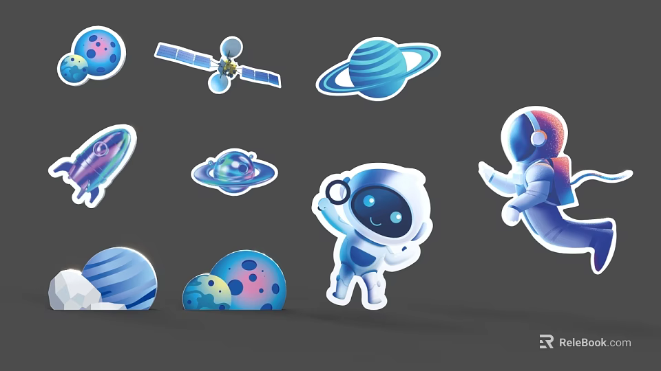 Colorful Cartoon Space Elements With Astronaut Rocket Planets UFO And Satellite 3d model 