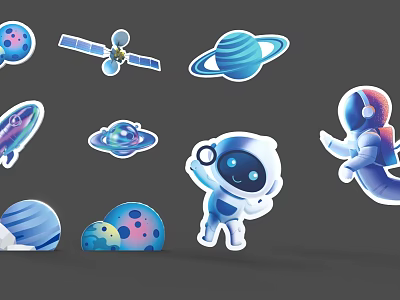 Colorful Cartoon Space Elements With Astronaut Rocket Planets UFO And Satellite 3d model