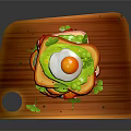 Stacked Sandwich With Fried Egg Green Sauce Tomato Slices On Wooden Cutting Board