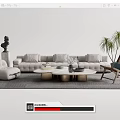Modern Gray Sofa with Multiple Cushions and Round Coffee Tables with Metal Bases and Ottoman