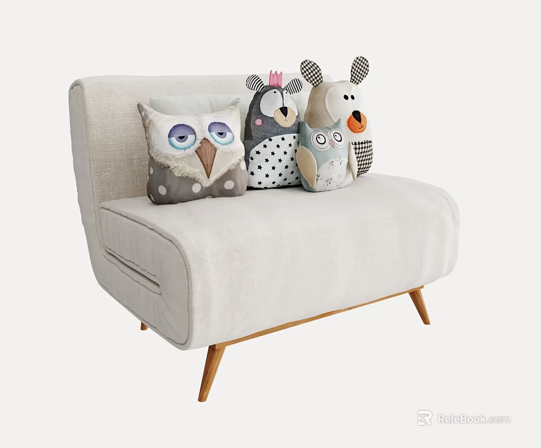 Light Beige Fabric Single Seater Sofa With Wooden Legs And Owl Shaped Plush Toy Cushions 3d model 
