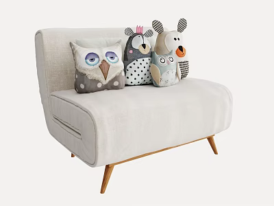 Light Beige Fabric Single Seater Sofa With Wooden Legs And Owl Shaped Plush Toy Cushions 3d model