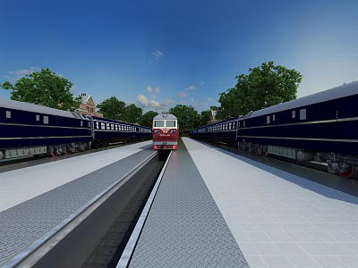 Red Locomotive Train With Blue Carriages On Railway Tracks Near Green Trees 3d model