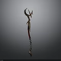 Ornate Golden Spear With Crescent Head Feather Accents And Red Striped Shaft