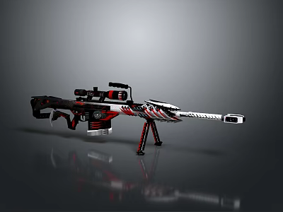 Modern Sniper Rifle Featuring Black Red White Color Scheme Scope And Tripod Stand 3d model