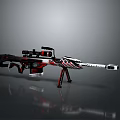 Modern Sniper Rifle Featuring Black Red White Color Scheme Scope And Tripod Stand