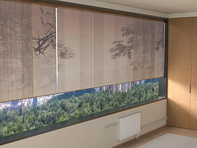 Beige Linen Curtains With Branch Pattern Covering Large Window Overlooking Green Trees And City View 3d model