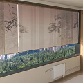 Beige Linen Curtains With Branch Pattern Covering Large Window Overlooking Green Trees And City View