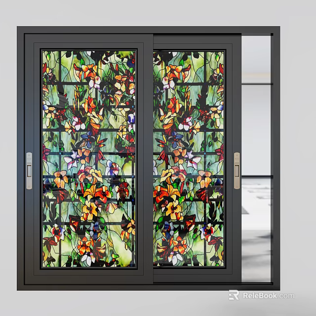 Decorative Casement Windows With Stained Glass Flower And Butterfly Patterns And Dark Frames 3d model 