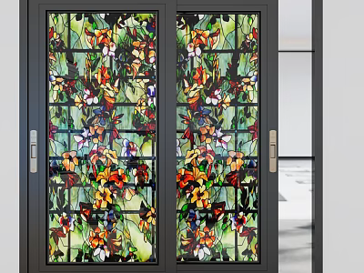 Decorative Casement Windows With Stained Glass Flower And Butterfly Patterns And Dark Frames 3d model