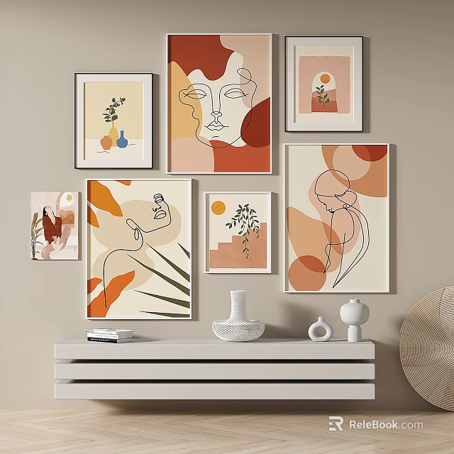 Abstract Art Prints Hanging On Wall In Modern Interior 3d model