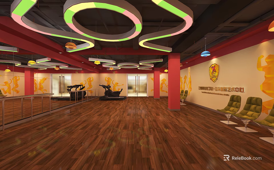 Spacious Fitness Gym Interior With Colorful Circular Lights Wooden Flooring And Equipment 3d model 