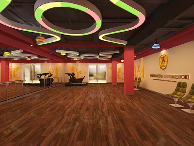 Spacious Fitness Gym Interior With Colorful Circular Lights Wooden Flooring And Equipment 3d model