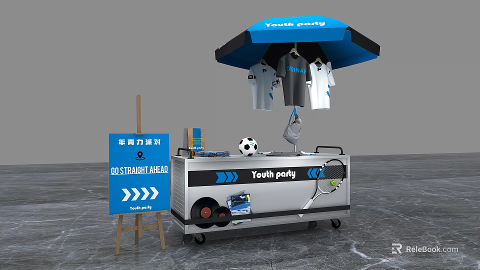 Youth Party Interactive Zone With T Shirts Soccer Ball Tennis Racket Blue Umbrella And Cart 3d model 