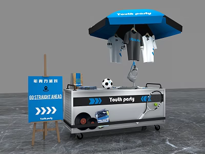 Youth Party Interactive Zone With T Shirts Soccer Ball Tennis Racket Blue Umbrella And Cart 3d model