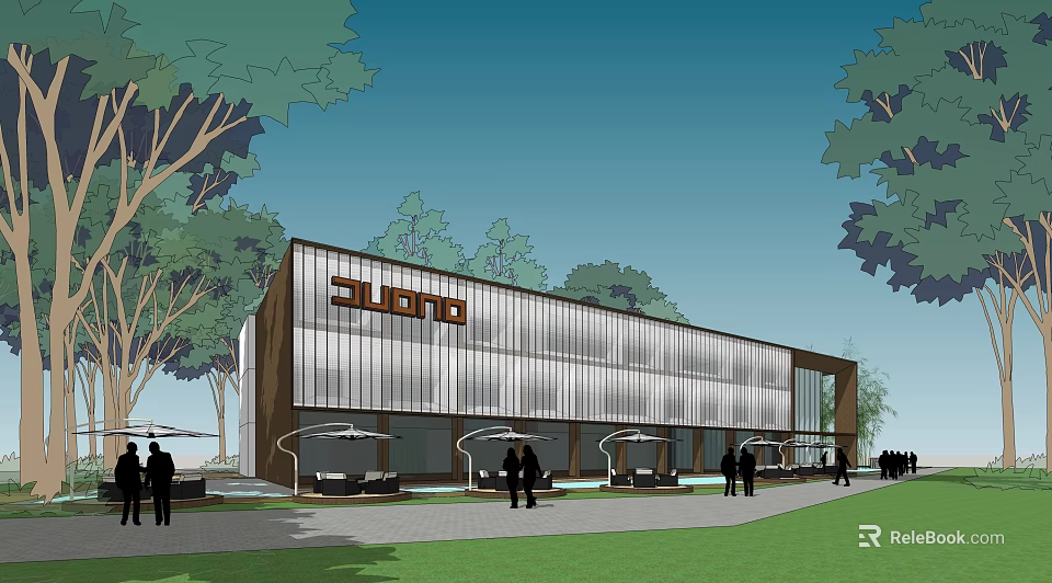 Modern Sales Office Building with Glass Facade Trees Lawn Outdoor Seating and People Around 3d model 