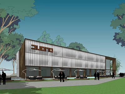Modern Sales Office Building with Glass Facade Trees Lawn Outdoor Seating and People Around 3d model