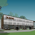 Modern Sales Office Building with Glass Facade Trees Lawn Outdoor Seating and People Around