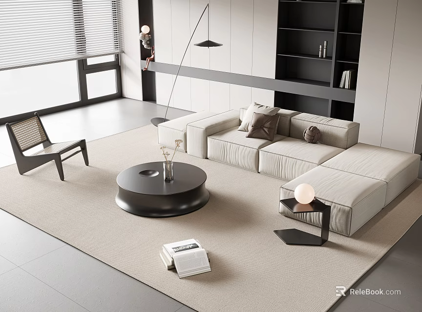 Modern Beige L shaped Sofa With Cushions And Black Round Coffee Table In Living Room 3d model 