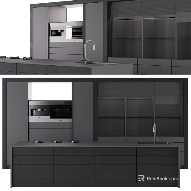 Modern Kitchen Interior With Dark Cabinets Island Countertop And Appliances 3d model 