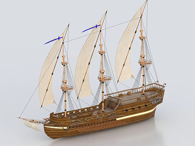 Wooden Sailing Ship With Multiple Masts White Sails And Detailed Deck Structure 3d model