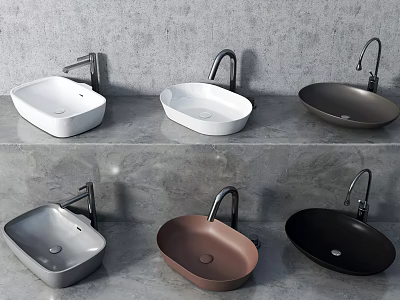 Multiple Modern Washbasins in White Gray Brown Black Colors on Gray Wall Background with Faucets 3d model