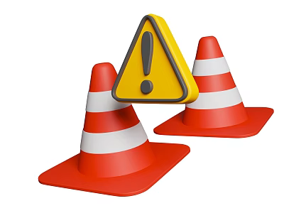 Traffic Warning Sign With Yellow Triangle Exclamation Mark And Red White Striped Cones 3d model