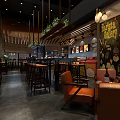 Modern Café Interior With Wooden Ceiling Bar Counter Tables Chairs Hanging Plants And Wall Decor