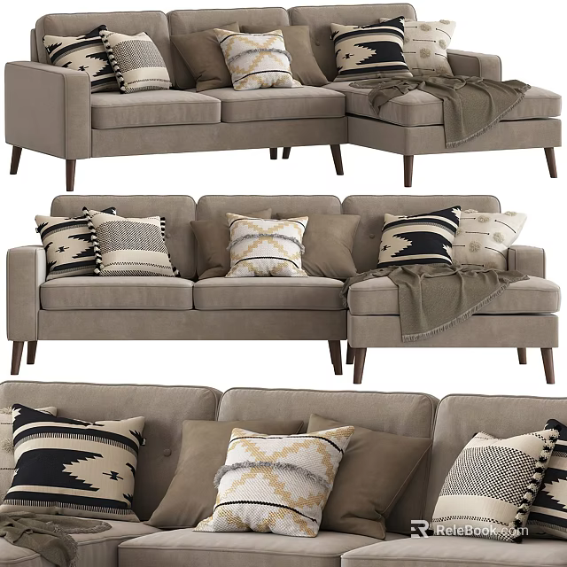 Comfortable Sectional Sofa With Decorative Pillows And Throw Blanket In Neutral Tones 3d model