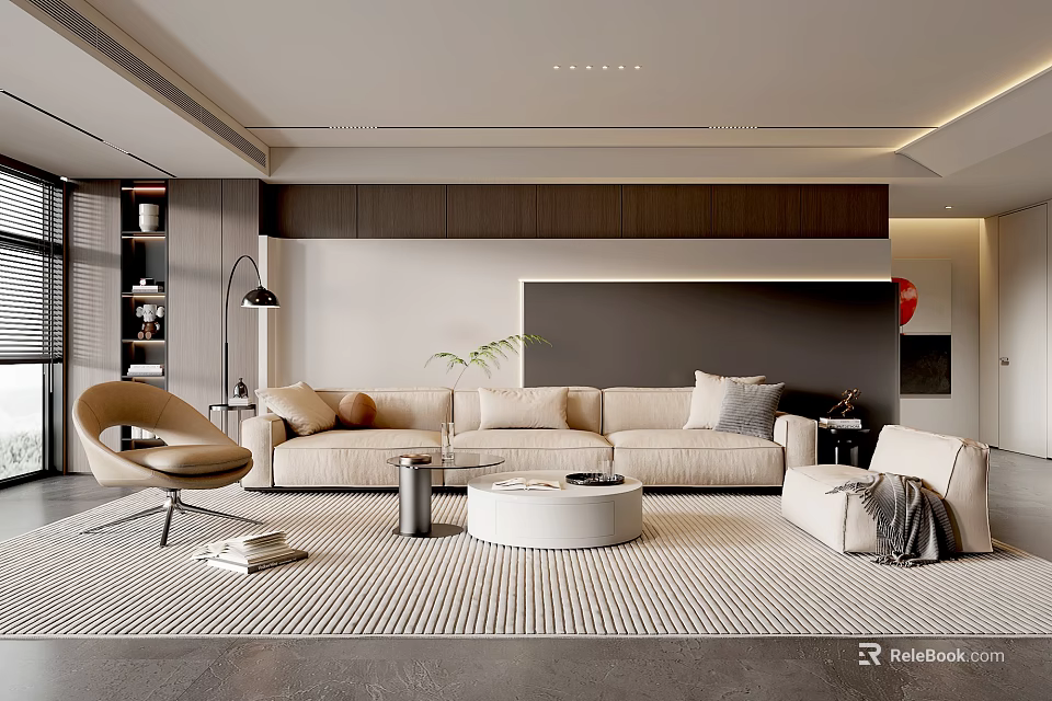 Modern Living Room Interior With Stylish Ceiling Lights Beige Sofa Round Coffee Table Striped Rug 3d model 