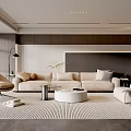 Modern Living Room Interior With Stylish Ceiling Lights Beige Sofa Round Coffee Table Striped Rug