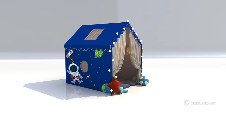 Blue House Shaped Kids Play Tent With Astronaut Rocket Star Patterns And Curtains 3d model 