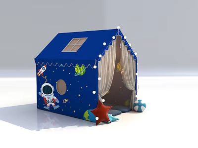 Blue House Shaped Kids Play Tent With Astronaut Rocket Star Patterns And Curtains 3d model