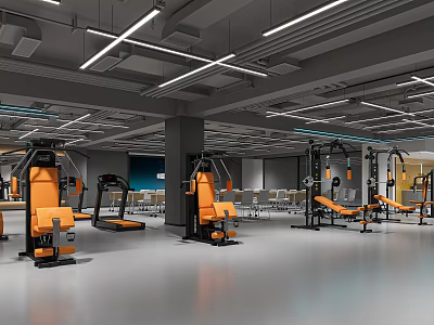 Spacious Modern Gym Interior With Orange And Gray Fitness Equipment 3d model