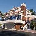 Detached Villa Exterior Featuring Red Tile Roof Chimney Balcony Garage Green Plants And Palm Trees