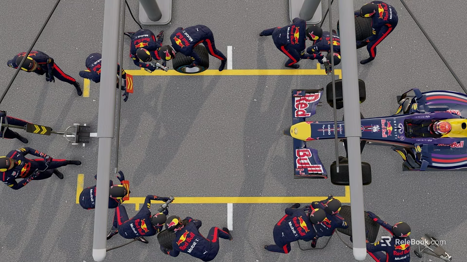 Pit Crew Members In Red Bull Team Uniform Working On Race Car During Pit Stop 3d model 