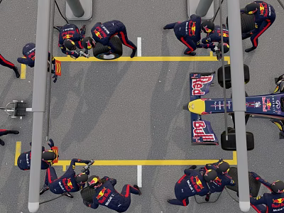Pit Crew Members In Red Bull Team Uniform Working On Race Car During Pit Stop 3d model