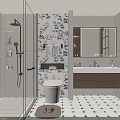 Modern Bathroom Interior Design With Floral Wall Wooden Vanity And Black White Geometric Floor