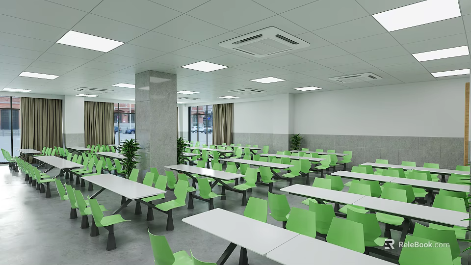 Bright School Dining Hall Interior With Green Chairs And White Tables 3d model