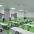 Bright School Dining Hall Interior With Green Chairs And White Tables 3d model