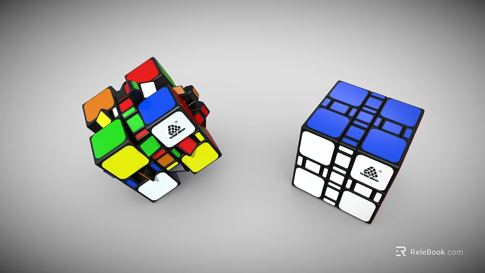 Two Different Rubik's Cubes Colorful Twisted And Blue White Solved Puzzle Toys 3d model 
