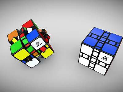 Two Different Rubik's Cubes Colorful Twisted And Blue White Solved Puzzle Toys 3d model