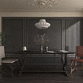 Elegant Dining Table Set With Upholstered Chairs Pendant Light Green Plants And Dark Wall