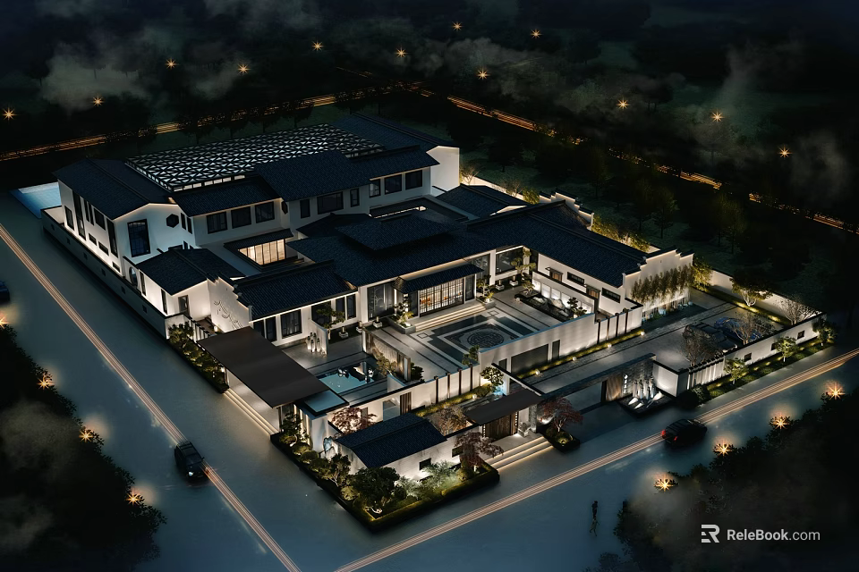 Aerial Traditional Chinese Courtyard Architecture Landscape With Illuminated Buildings And Greenery At Night 3d model 