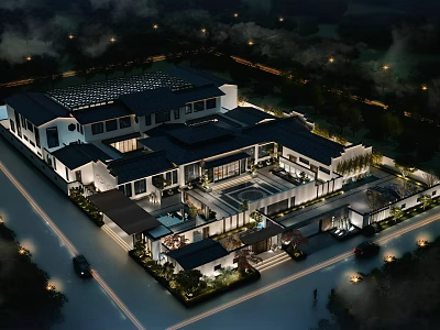Aerial Traditional Chinese Courtyard Architecture Landscape With Illuminated Buildings And Greenery At Night 3d model