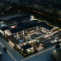 Aerial Traditional Chinese Courtyard Architecture Landscape With Illuminated Buildings And Greenery At Night